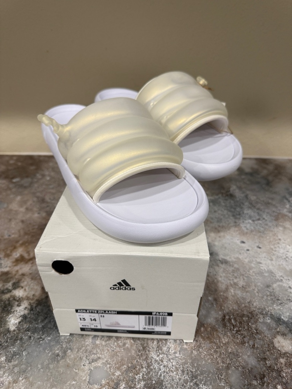 adidas White Slides with Pearl Champagne Strap